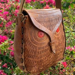 Vintage 70s tooled boho leather crossbody owl bag